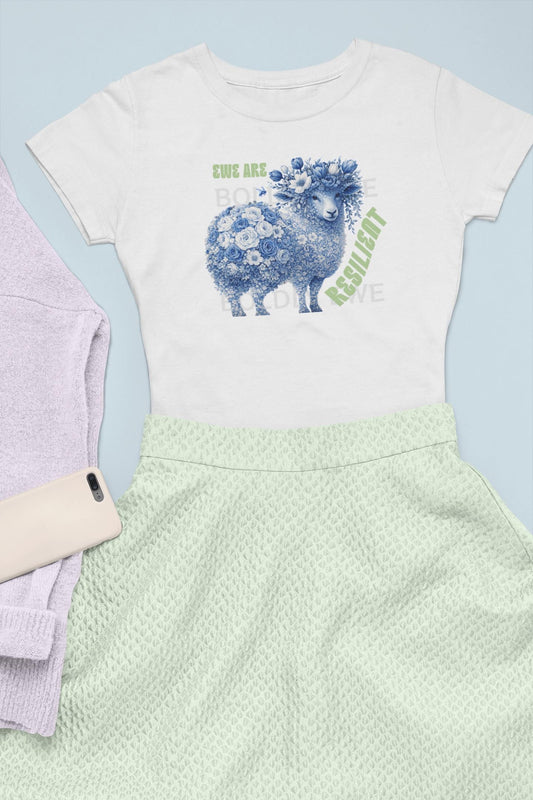 Floral Sheep Resilient T-Shirt | Blue Flower Lamb Design, Empowering Women's Tee