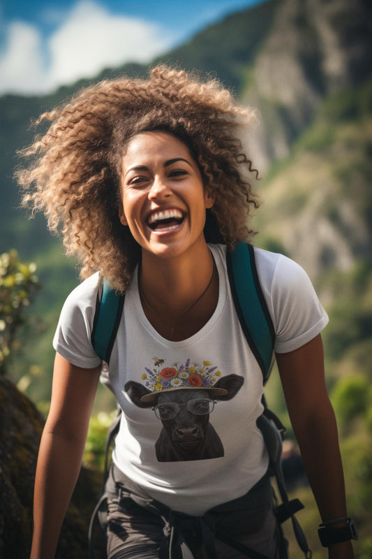 Black Cow with Glasses and Floral Crown T-Shirt | Cow Portrait Tee