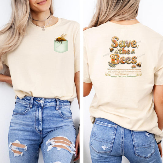 Save the Bees tee | Bee graphic t-shirt, honeycomb pocket design