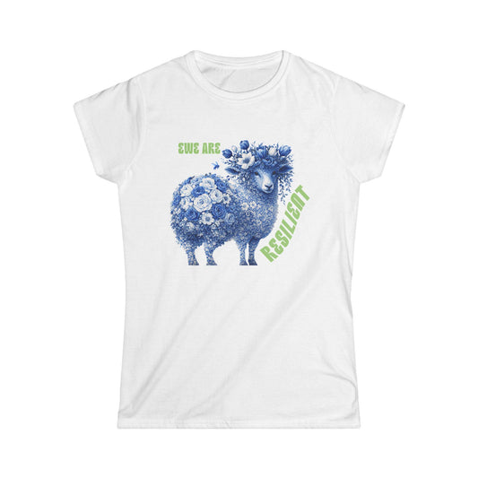 Floral Sheep Resilient T-Shirt | Blue Flower Lamb Design, Empowering Women's Tee