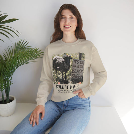 Boldly Ewe sweatshirt | Black Sheep photo, pastoral farm design, unique, different