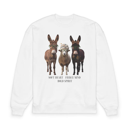 Three Donkeys Illustration Sweatshirt | Soft Heart Fierce Mind Bold Spirit Bee