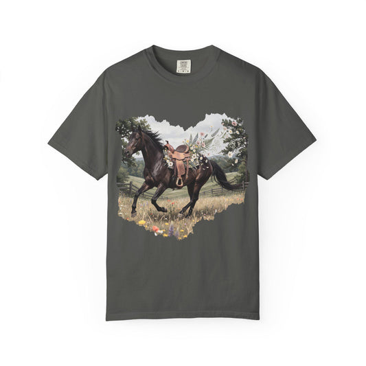 Saddled Black Horse Running Illustration T-shirt | Western Equestrian Nature