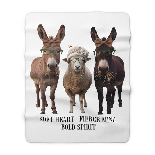 Soft Heart Fierce Mind Bold Spirit Sherpa Fleece Blanket | Donkey Sheep Trio