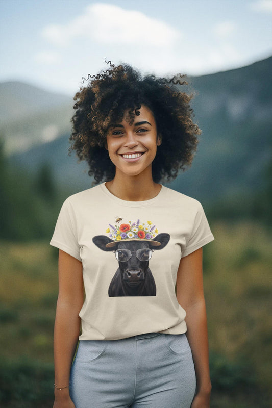 Black Cow with Glasses and Floral Crown T-Shirt | Cow Portrait Tee