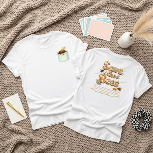 Save the Bees tee | Bee graphic t-shirt, honeycomb pocket design