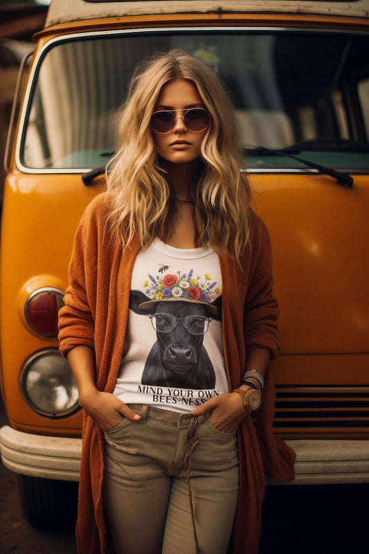 Cow with Floral Hat and Sunglasses Crop Top | Mind Your Own Bees-ness