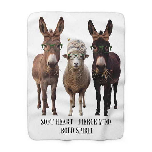 Soft Heart Fierce Mind Bold Spirit Sherpa Fleece Blanket | Donkey Sheep Trio