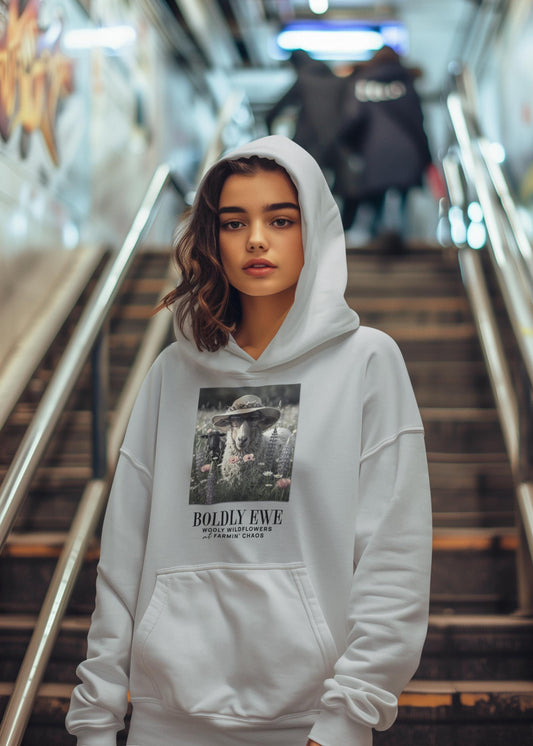 Boldly Ewe Sheep Photo Hoodie | Pastoral Farm Animal Graphic, Unique, Inspiration